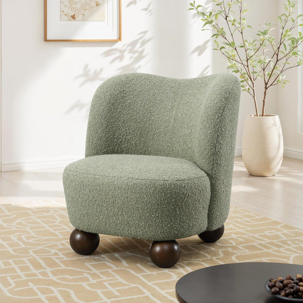 Green Boucle Fabric Accent Chair with Ball Feet.