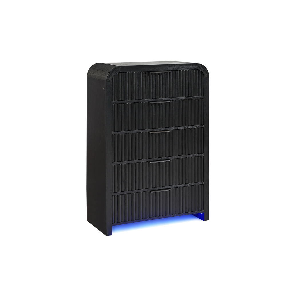 Beverly White and Black Chest with Fluted Finish, LED Lighting, Spacious Drawers, Edge Pulls, Rubber Wood, 38 x 18 x 54 inches