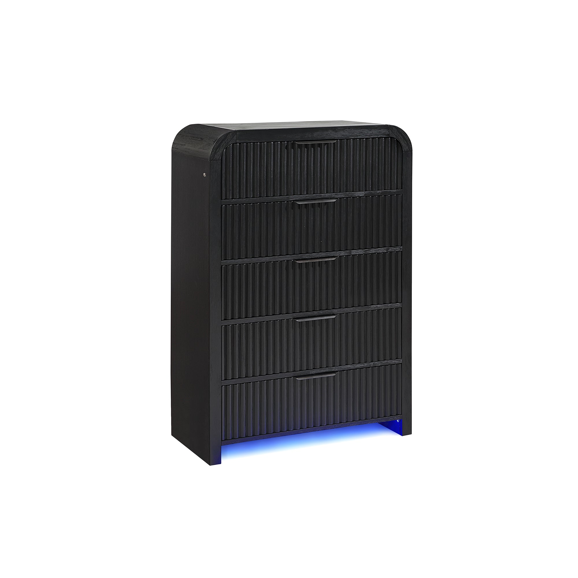 Beverly White and Black Chest with Fluted Finish, LED Lighting, Spacious Drawers, Edge Pulls, Rubber Wood, 38 x 18 x 54 inches