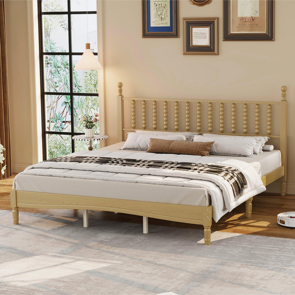 King Size Wood Platform Bed Featuring a Gourd Shaped Headboard.