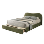 Angled view of Olive Green Velvet Queen Bed with storage drawer extended. Features soft velvet and curved headboard design.