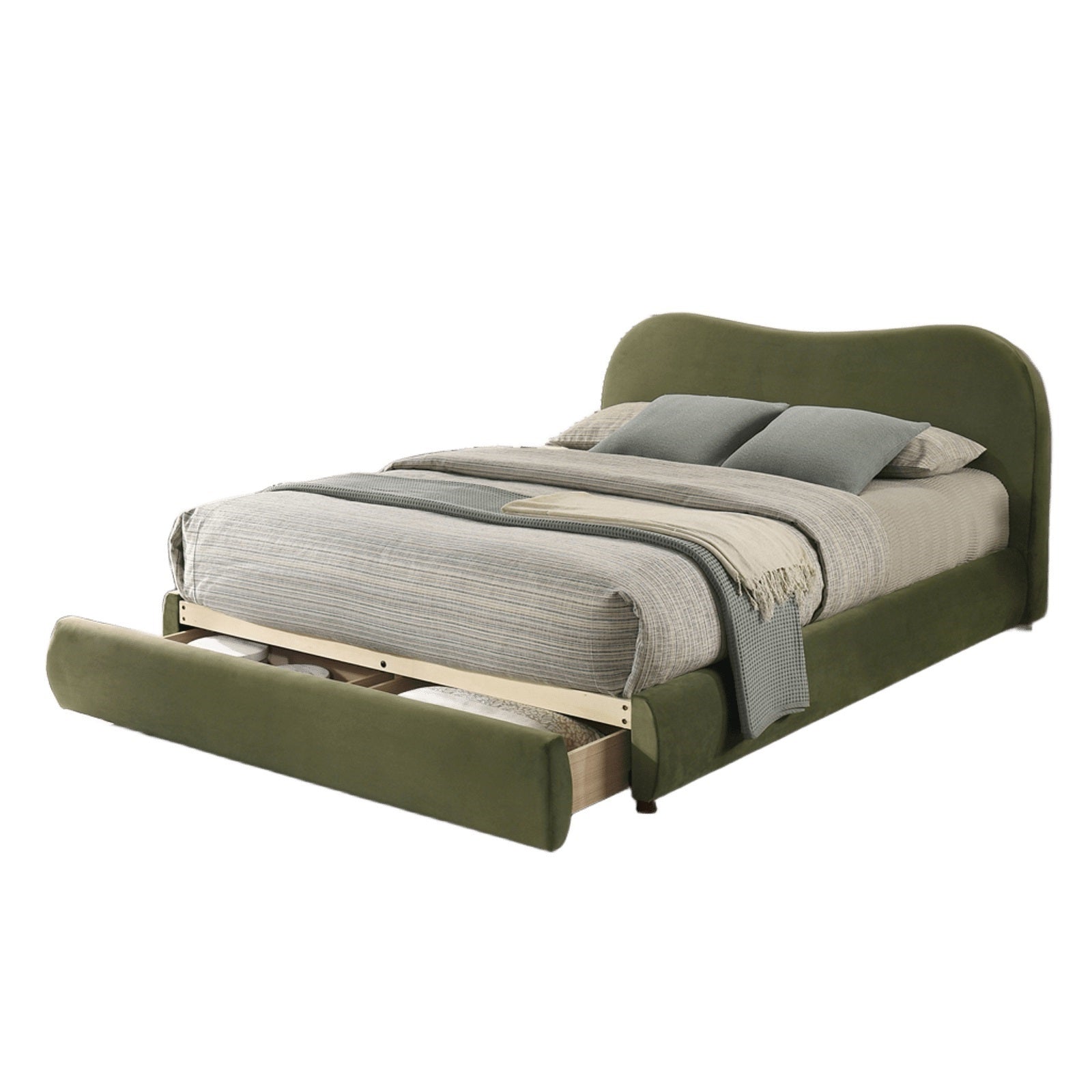 Angled view of Olive Green Velvet Queen Bed with storage drawer extended. Features soft velvet and curved headboard design.