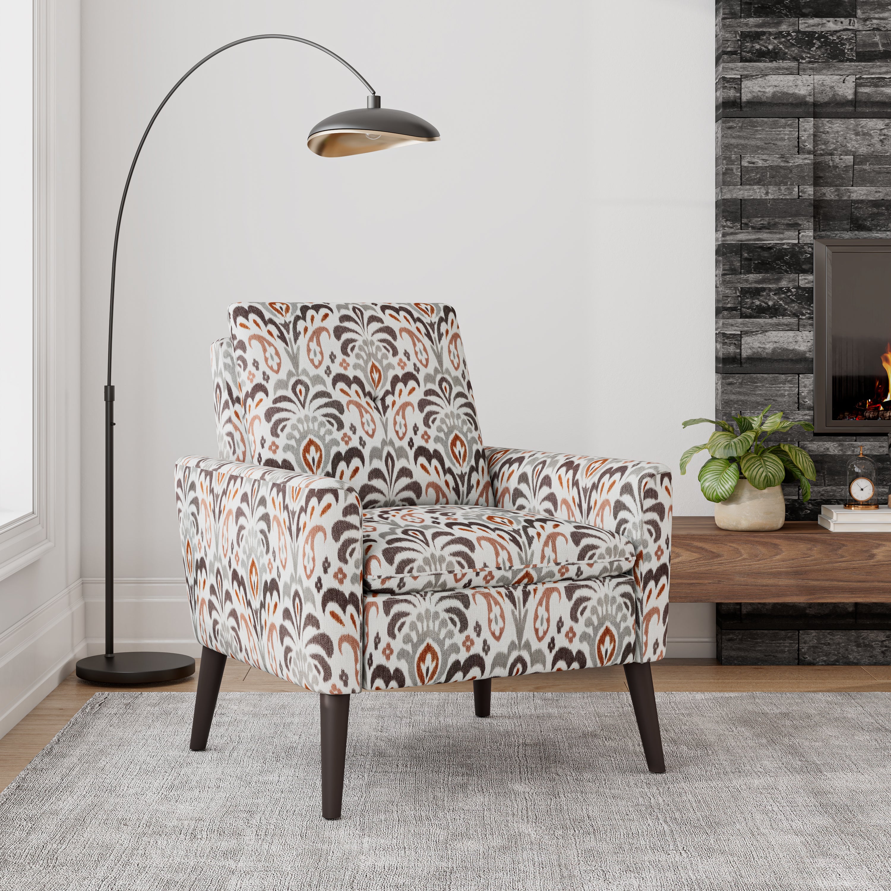 Enna Amber Damask Accent Chair with Dark Brown Wood Legs