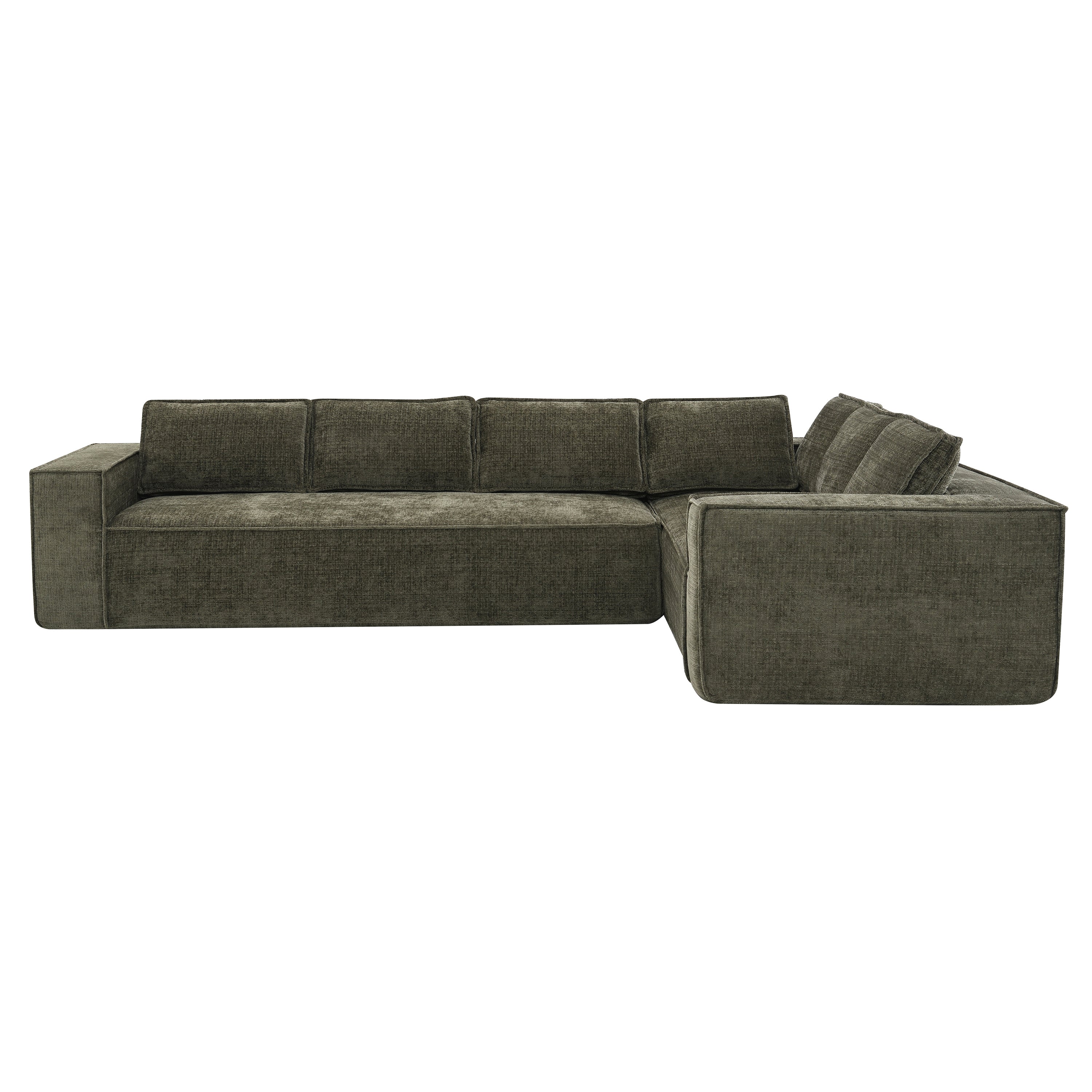 Front view of the six-seat modular sectional sofa in chenille fabric, emphasizing its sleek, low-profile design.