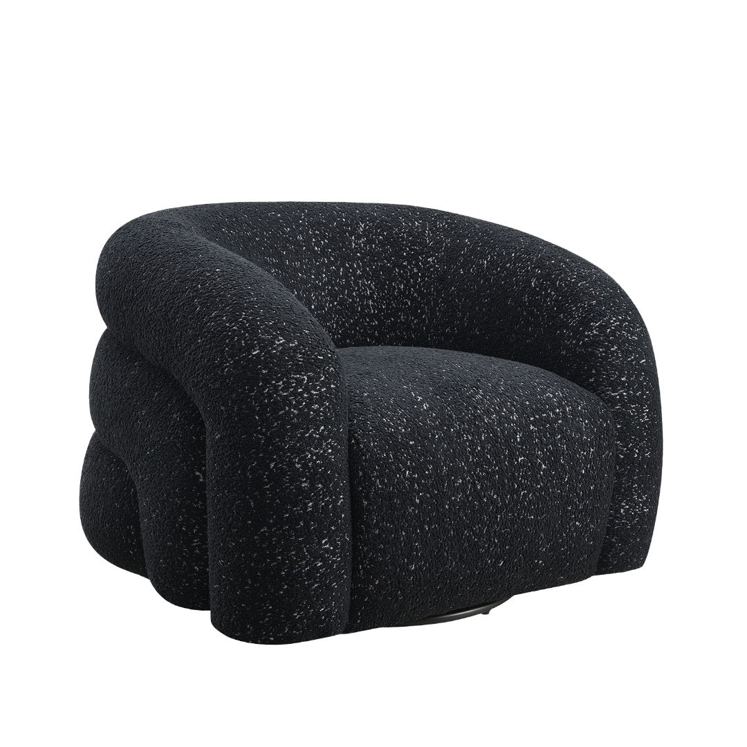 Black swivel chair with high-density foam and boucle fabric shown on white background. Modern curved back design with 360-degree base.