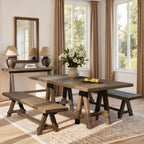 Rustic 72-inch dining bench crafted from reclaimed medium dark brown elm wood, featuring a sturdy trestle base.