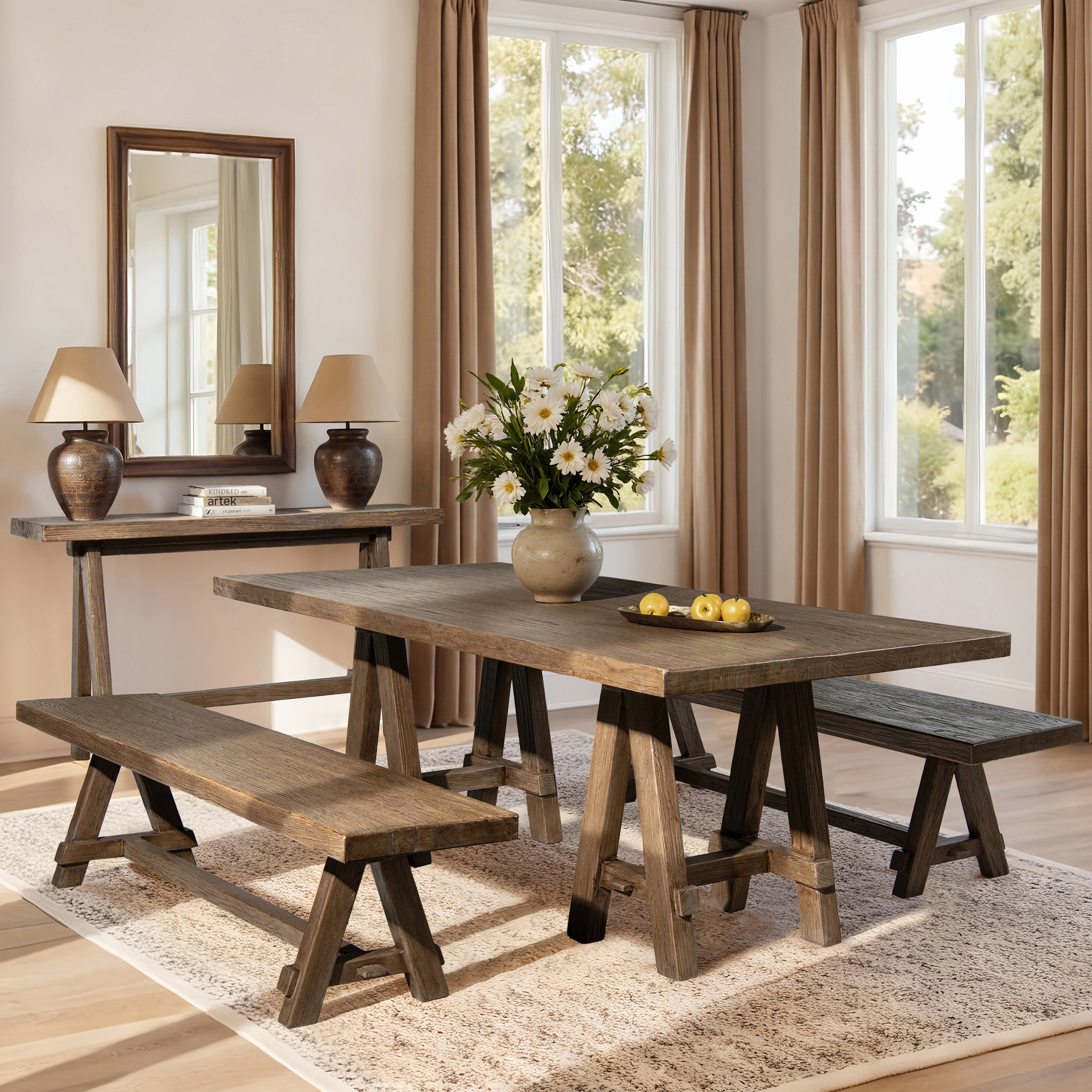 Rustic 72-inch dining bench crafted from reclaimed medium dark brown elm wood, featuring a sturdy trestle base.
