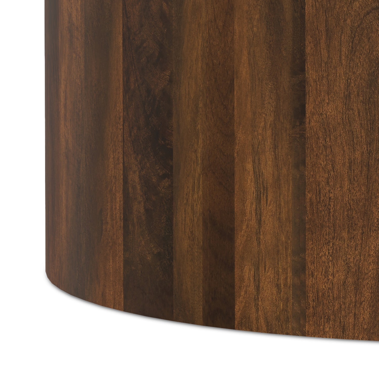 Close-up of the walnut brown finish on the Millbury Drum Coffee Table, emphasizing the natural wood grain and sustainable mango wood texture.