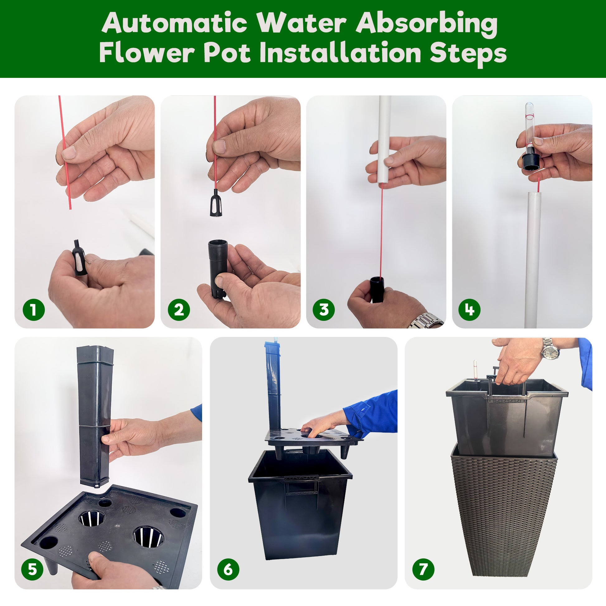 Square Planter for Indoor or Outdoor Use, 22-Inch High Faux Rattan Design Flower Pot with Automatic Watering System for Porch, Patio, Backyard, Makes Keeping Flowers Easier (Pack of 2, Black)