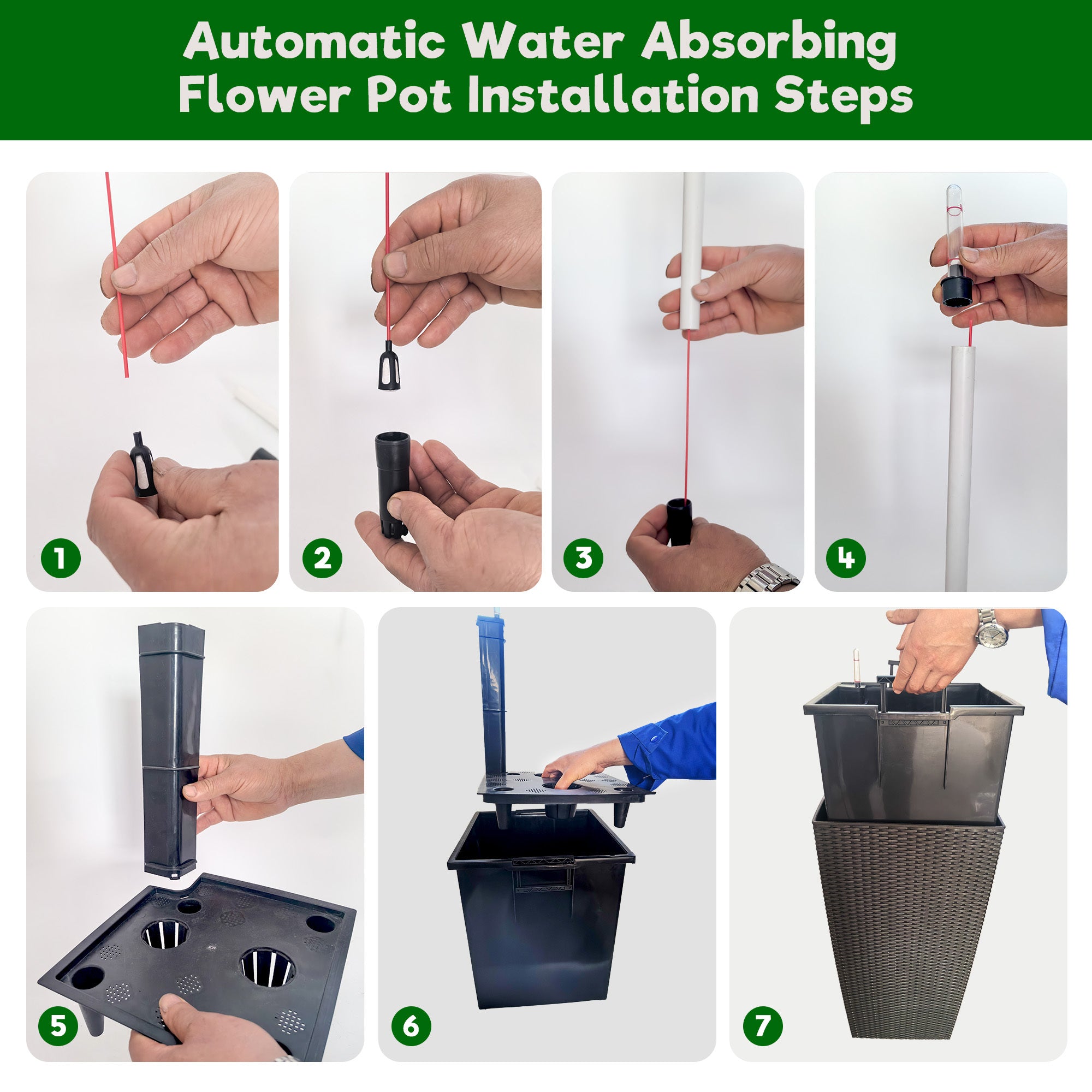 Square Planter for Indoor or Outdoor Use, 22-Inch High Faux Rattan Design Flower Pot with Automatic Watering System for Porch, Patio, Backyard, Makes Keeping Flowers Easier (Pack of 2, Black)