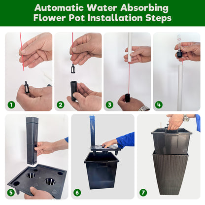 Square Planter for Indoor or Outdoor Use, 22-Inch High Faux Rattan Design Flower Pot with Automatic Watering System for Porch, Patio, Backyard, Makes Keeping Flowers Easier (Pack of 2, Black)