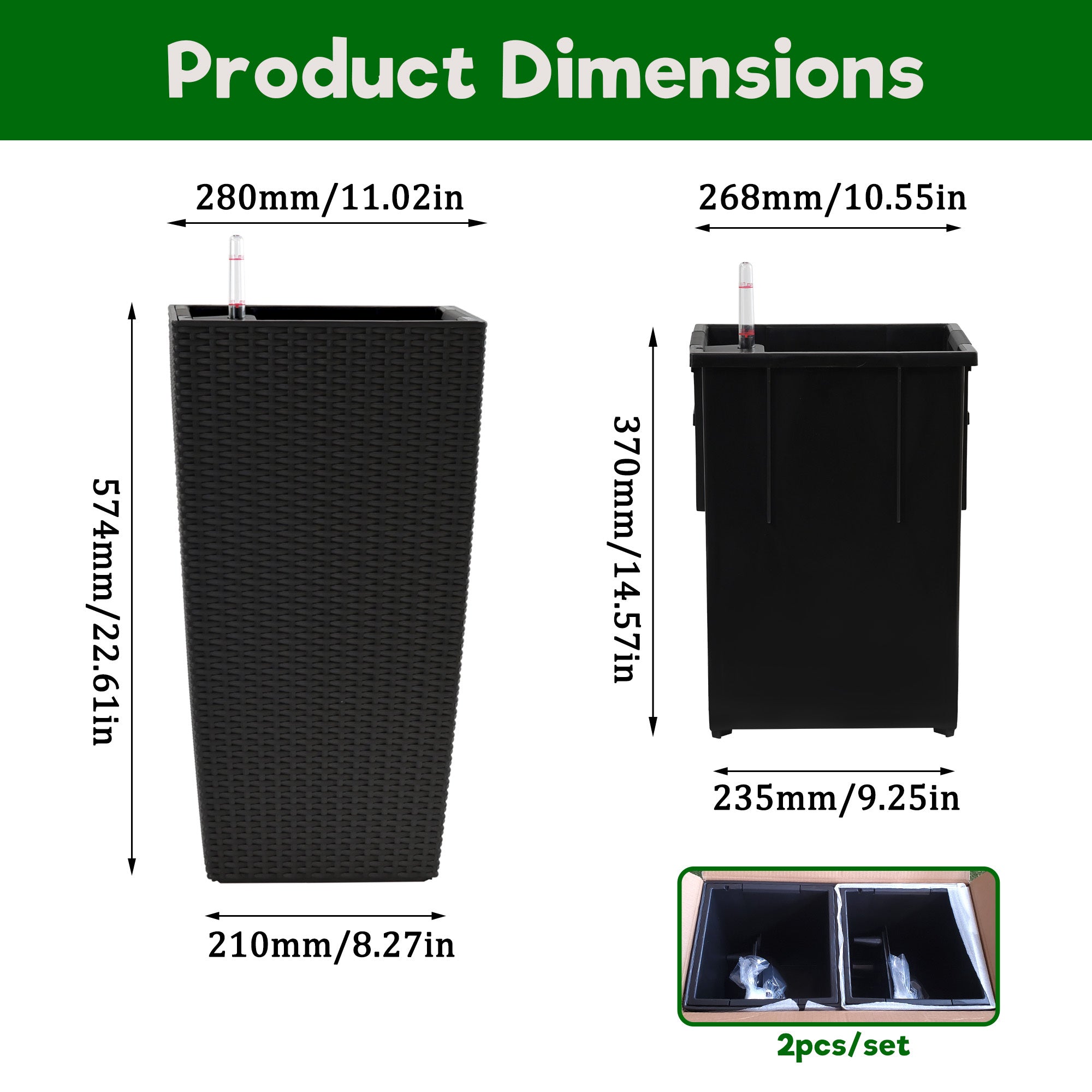 Square Planter for Indoor or Outdoor Use, 22-Inch High Faux Rattan Design Flower Pot with Automatic Watering System for Porch, Patio, Backyard, Makes Keeping Flowers Easier (Pack of 2, Black)