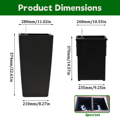 Square Planter for Indoor or Outdoor Use, 22-Inch High Faux Rattan Design Flower Pot with Automatic Watering System for Porch, Patio, Backyard, Makes Keeping Flowers Easier (Pack of 2, Black)