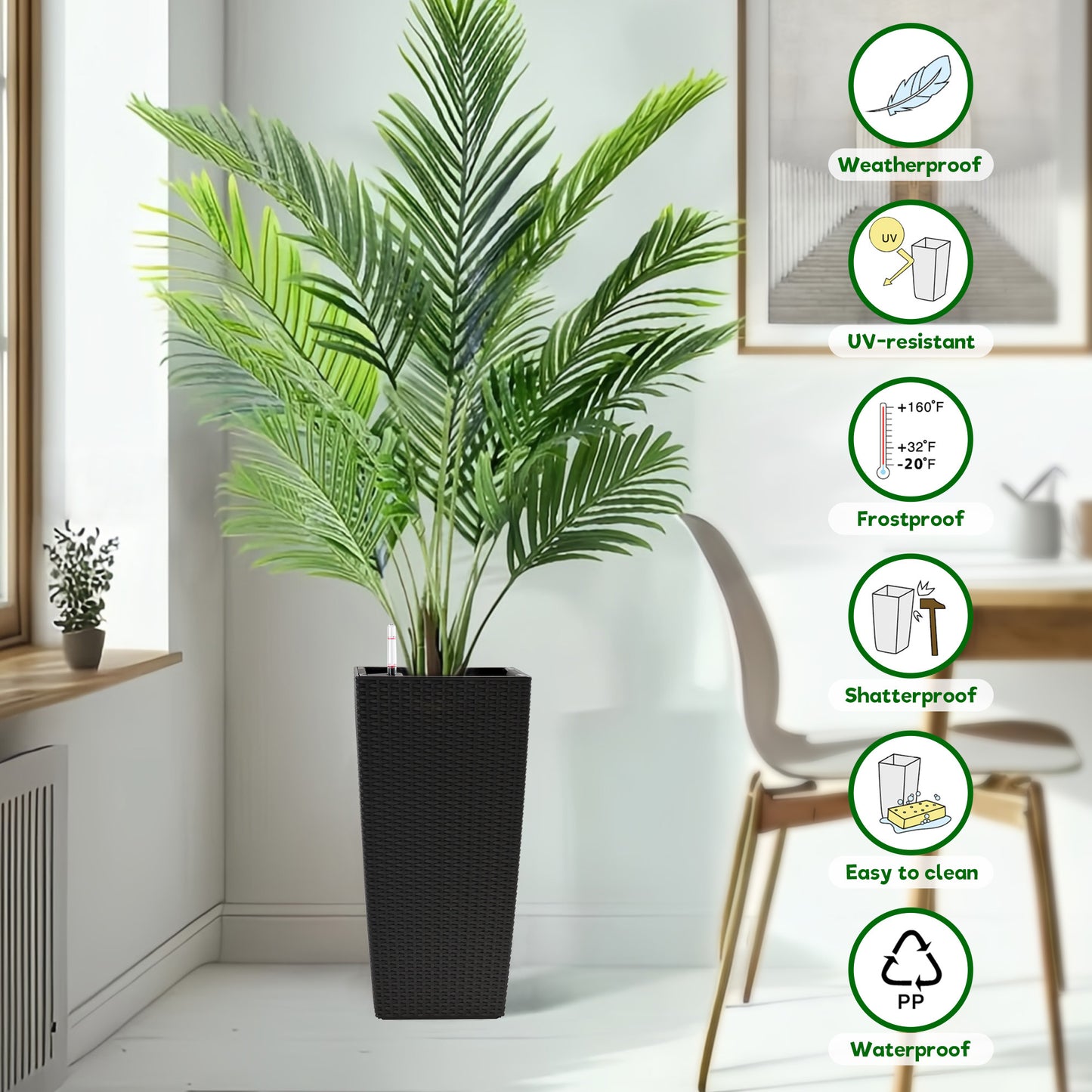 Square Planter for Indoor or Outdoor Use, 22-Inch High Faux Rattan Design Flower Pot with Automatic Watering System for Porch, Patio, Backyard, Makes Keeping Flowers Easier (Pack of 2, Black)