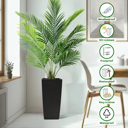 Square Planter for Indoor or Outdoor Use, 22-Inch High Faux Rattan Design Flower Pot with Automatic Watering System for Porch, Patio, Backyard, Makes Keeping Flowers Easier (Pack of 2, Black)