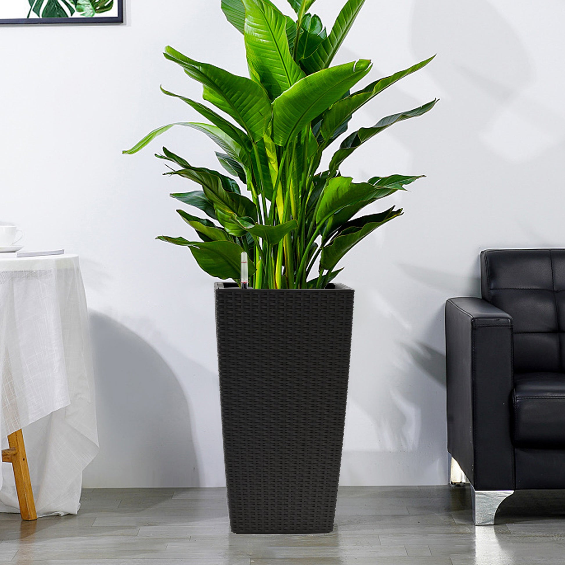 Square Planter for Indoor or Outdoor Use, 22-Inch High Faux Rattan Design Flower Pot with Automatic Watering System for Porch, Patio, Backyard, Makes Keeping Flowers Easier (Pack of 2, Black)