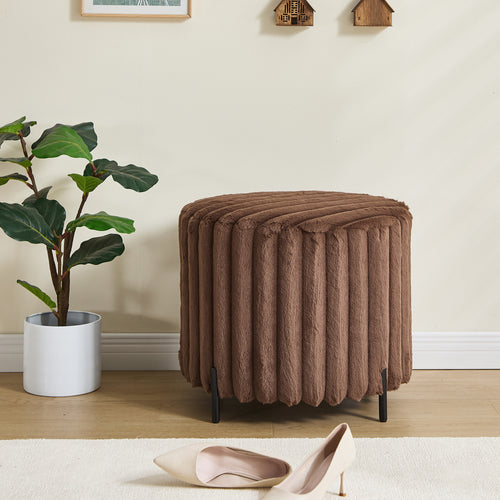 22.05'Wide Upholstered Round Pouf Ottoman Foot Rest with Black Metal Legs,Faux Fur Footstool for Living Room Bedroom Entryway. Brown