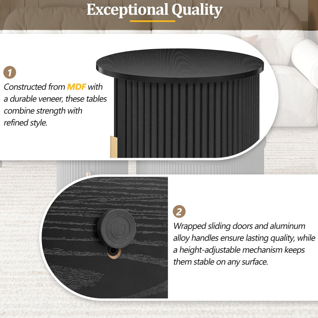 [Assembly Video] Mid-Century Coffee Table Set with Sliding Tambour Door, Round Fluted End Table With Storage, Golden Handle Tall & Low Side Table with Wooden Finish for Living Room, Set of Two, Black.
