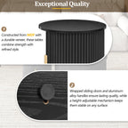[Assembly Video] Mid-Century Coffee Table Set with Sliding Tambour Door, Round Fluted End Table With Storage, Golden Handle Tall & Low Side Table with Wooden Finish for Living Room, Set of Two, Black.