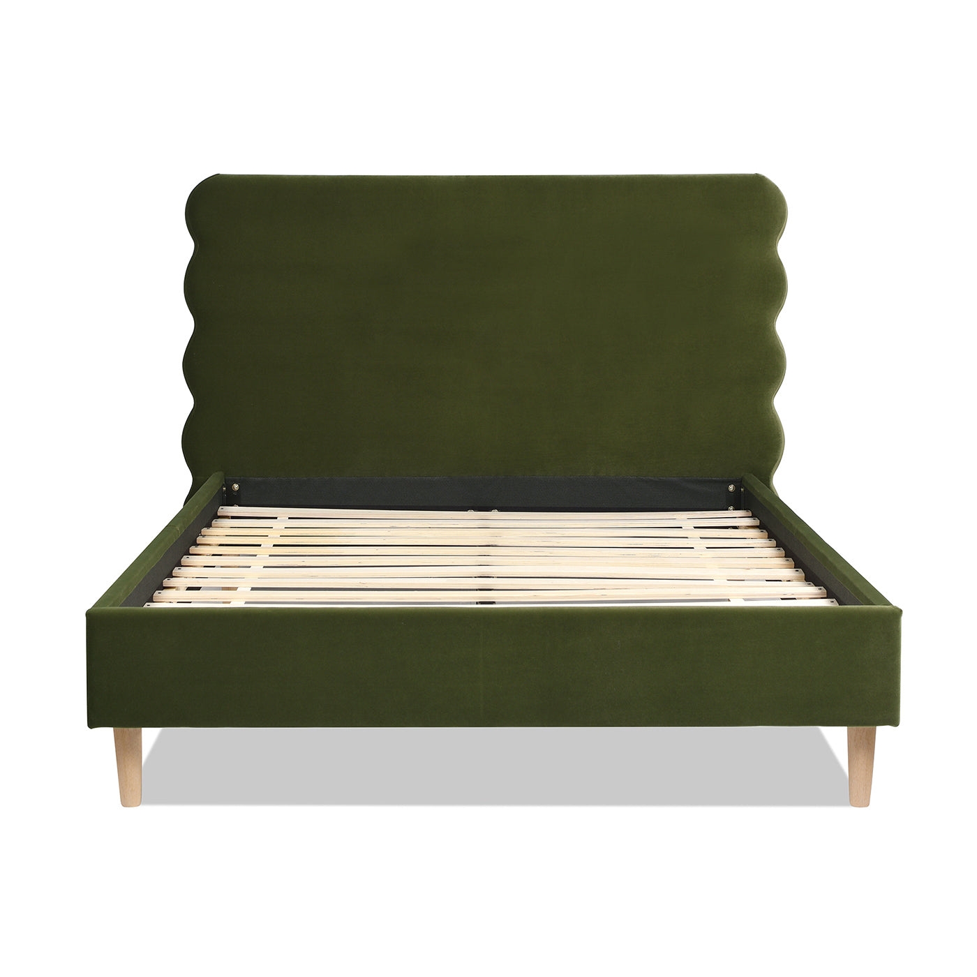 Front view of the Stockholm Modern Platform Bed frame in queen size with wavy olive green velvet headboard and wooden slats.