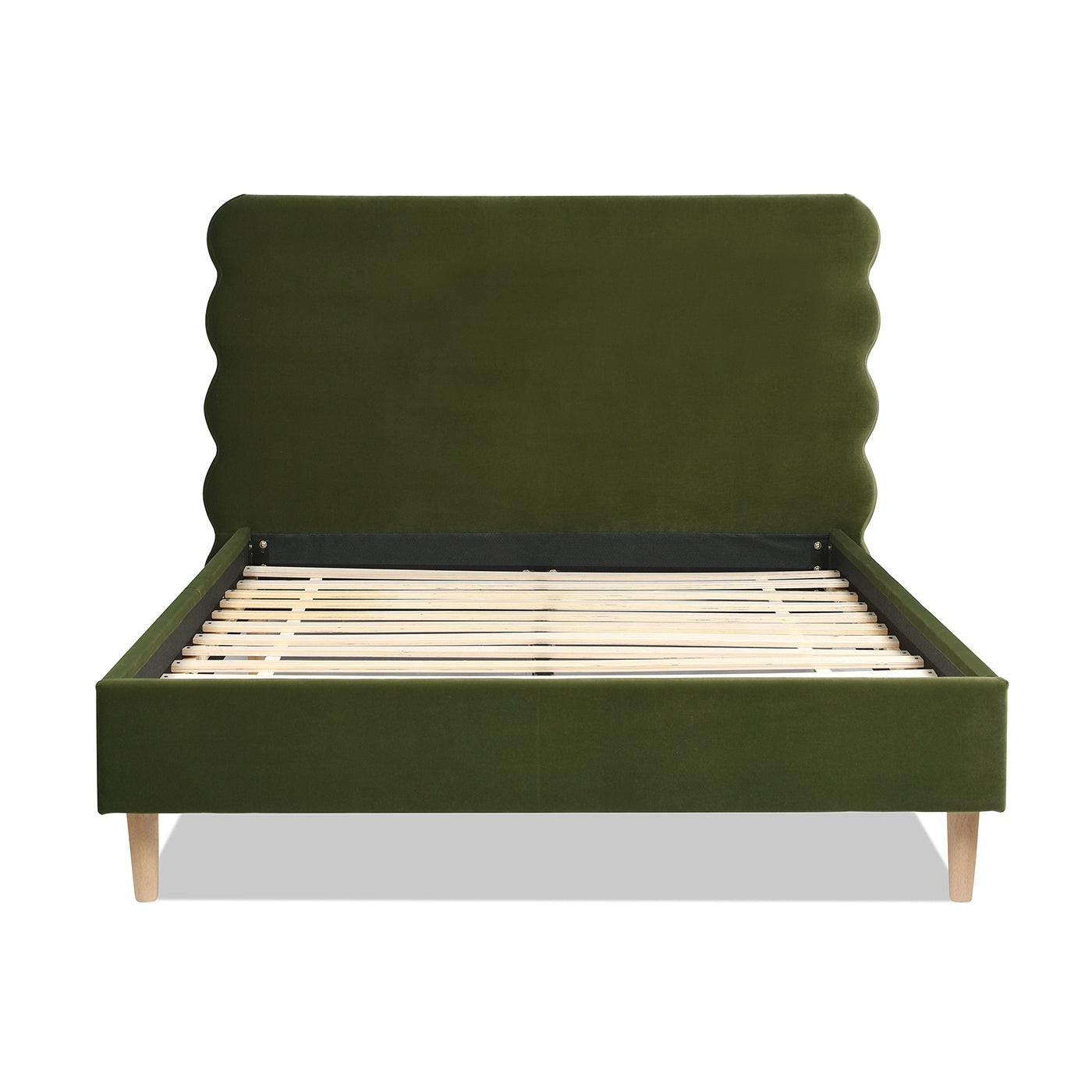 Stockholm Modern Wavy Headboard Platform Bed, Queen, Olive Green Performance Velvet.