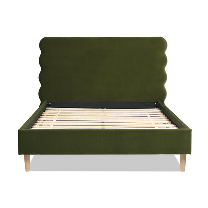 Front view of the Stockholm Modern Platform Bed frame in queen size with wavy olive green velvet headboard and wooden slats.