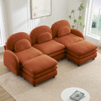 Orange teddy fabric 3-seater sectional sofa with a curved back, lumbar pillows, and two movable ottomans.