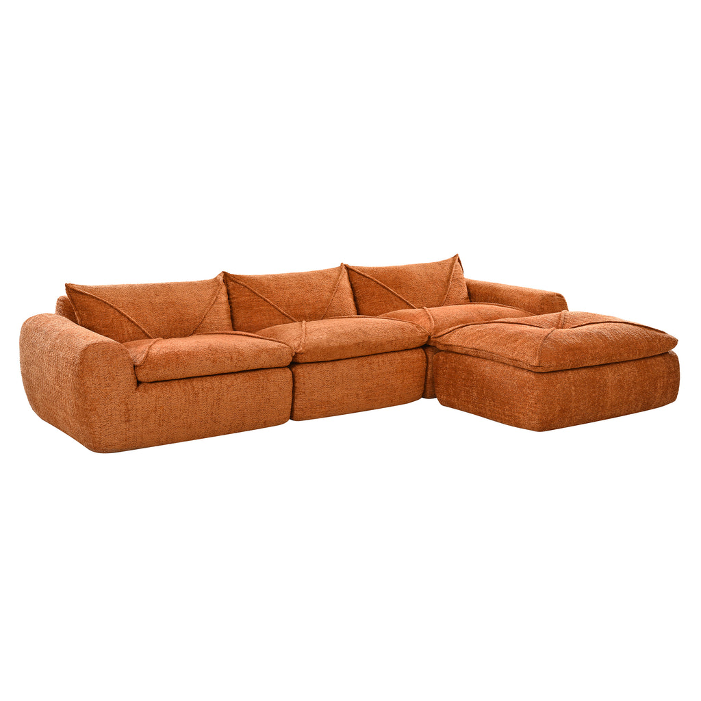 Angled view of 116'' compressed sofa no assembly with right-side chaise, emphasizing ergonomic design and soft upholstery.