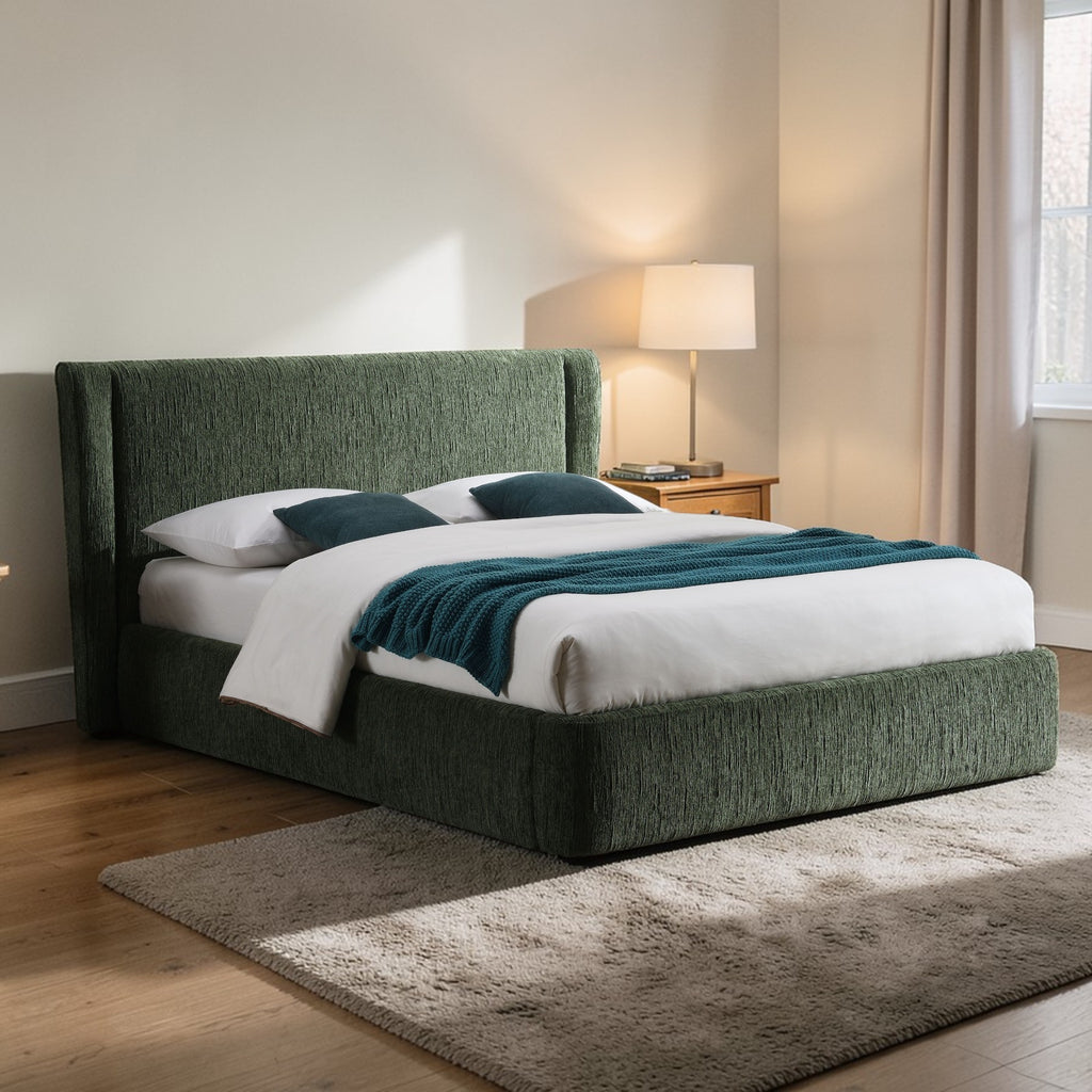 Cheryl Full Size Dark Green Chenille Bed with Padded Headboard