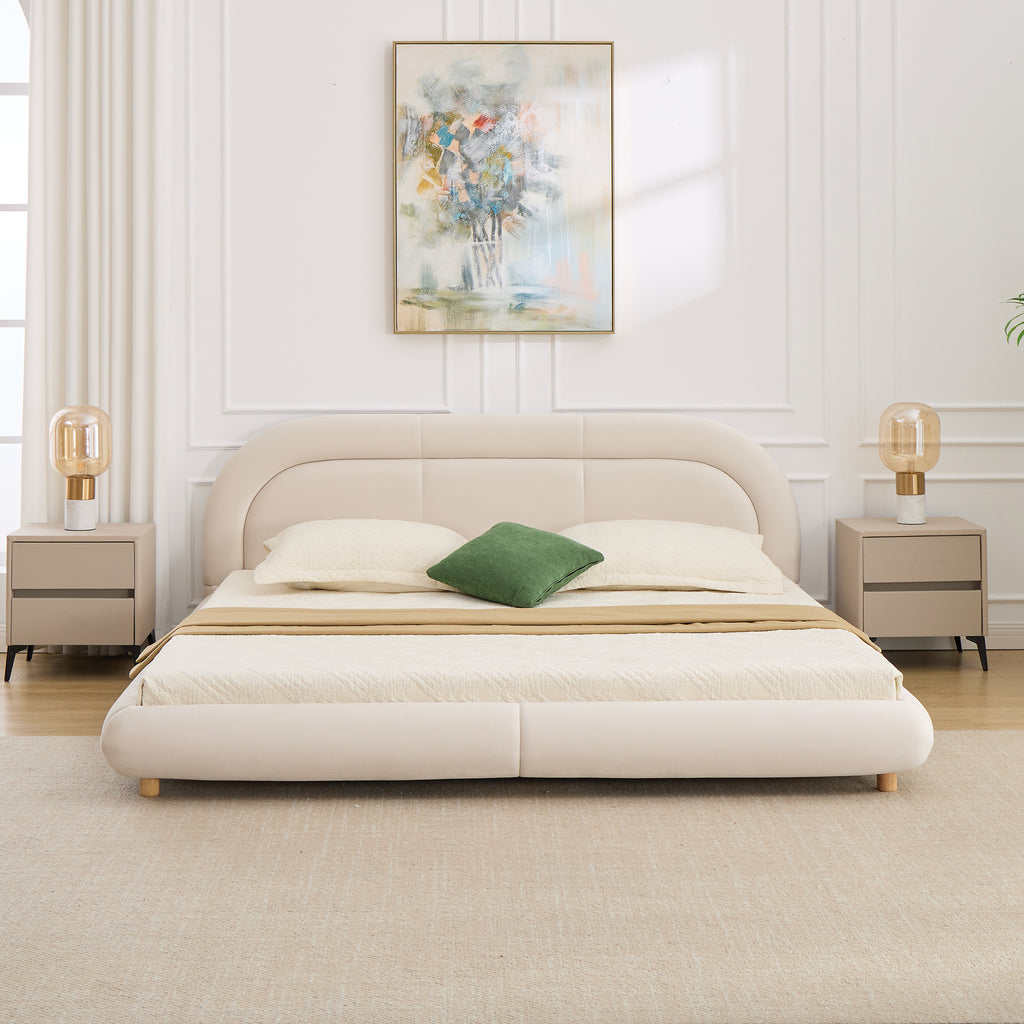 Beige King Size Velvet Low Profile Platform Bed with Curved Headboard