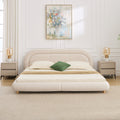 Beige King Size Velvet Low Profile Platform Bed with Curved Headboard