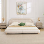 Beige King Size Velvet Low Profile Platform Bed with Curved Headboard