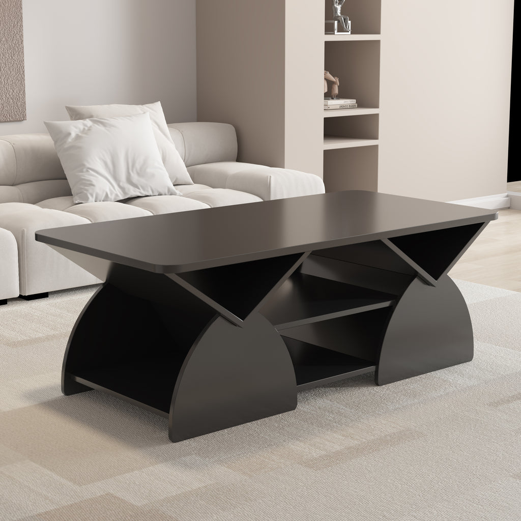 Modern engineered wood coffee table featuring geometric storage shelves, placed in a minimalist living room setting.