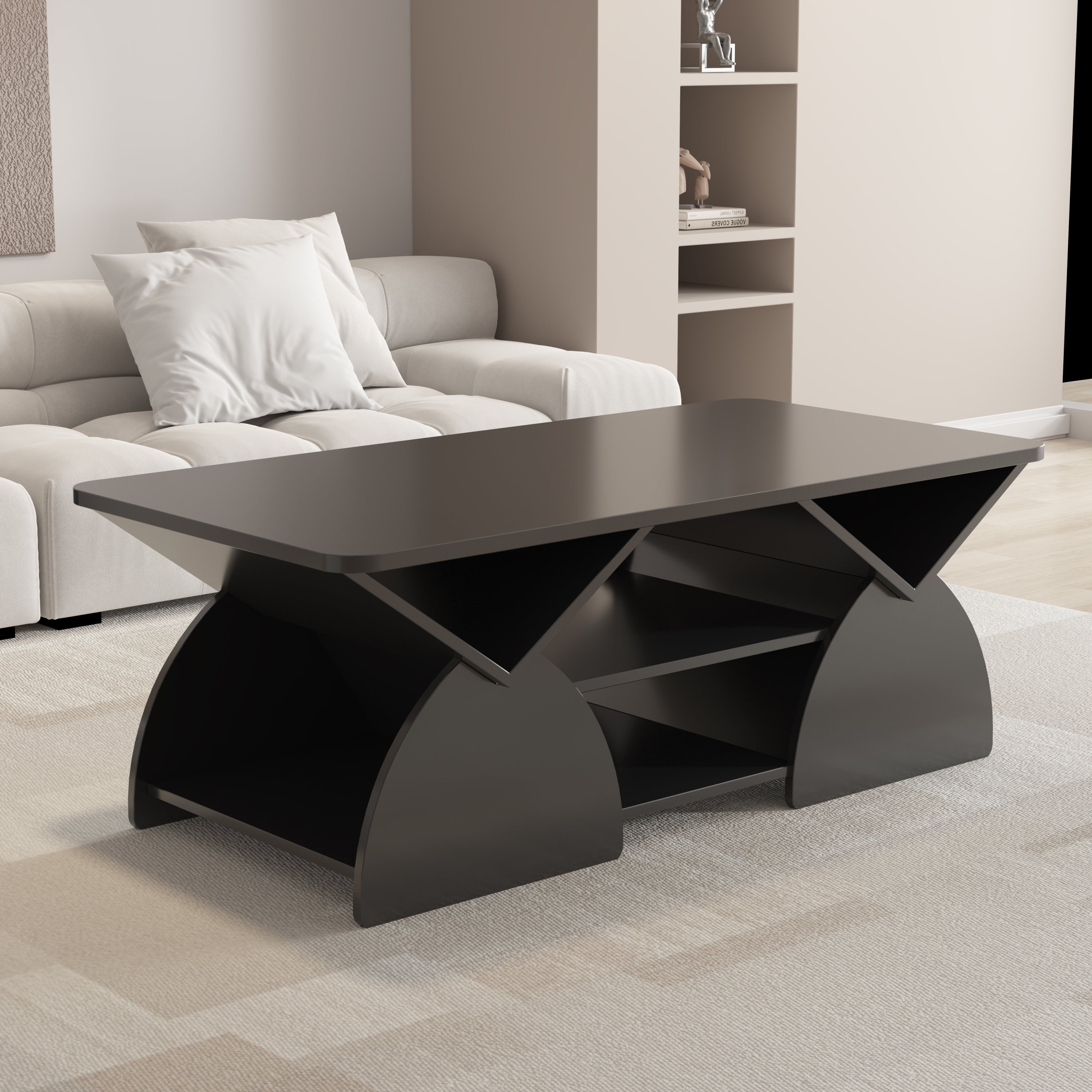 Modern engineered wood coffee table featuring geometric storage shelves, placed in a minimalist living room setting.