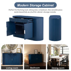 Versatile modern MDF storage cabinet with curved doors shown in living room, bedroom, and dining room settings for multifunctional use.