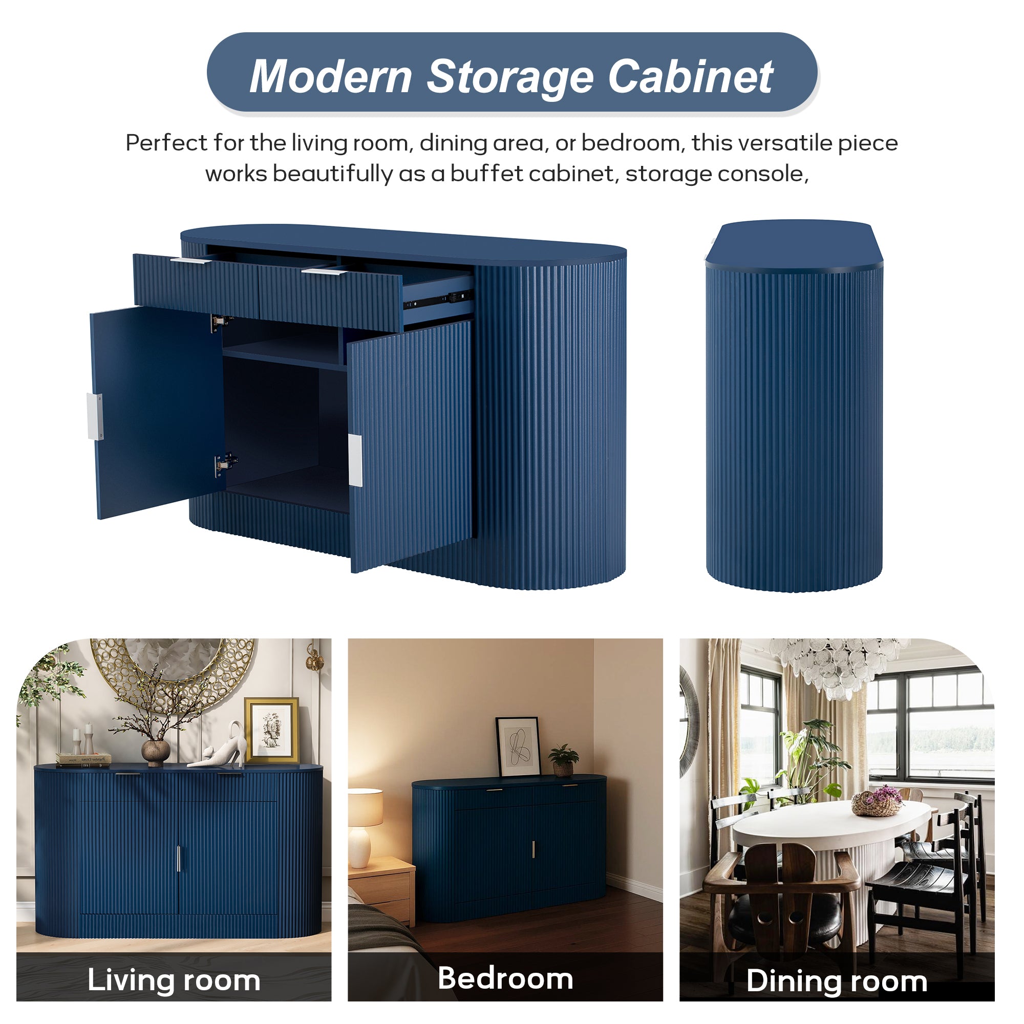 Versatile modern MDF storage cabinet with curved doors shown in living room, bedroom, and dining room settings for multifunctional use.