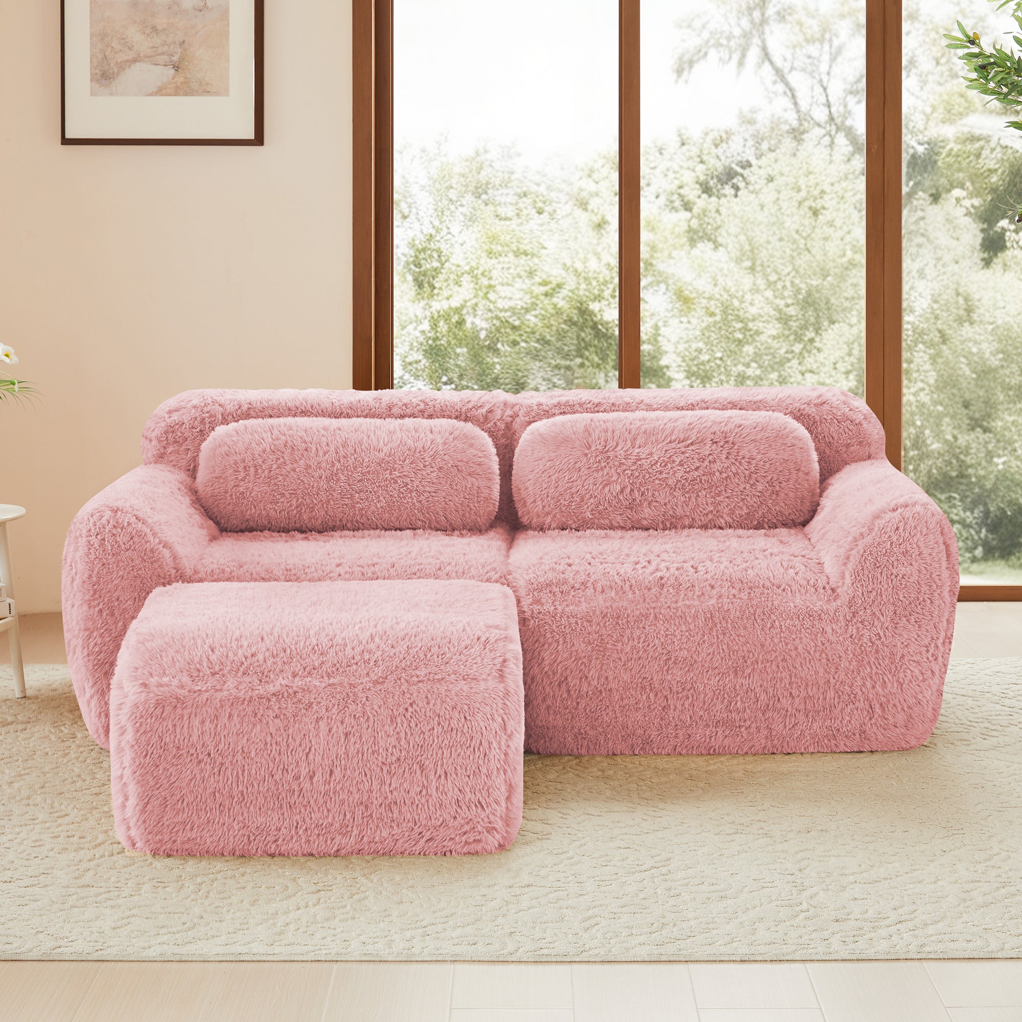 Front view of pink modular sofa chaise with plush upholstery and ergonomic backrest. No assembly required, perfect for modern interiors.
