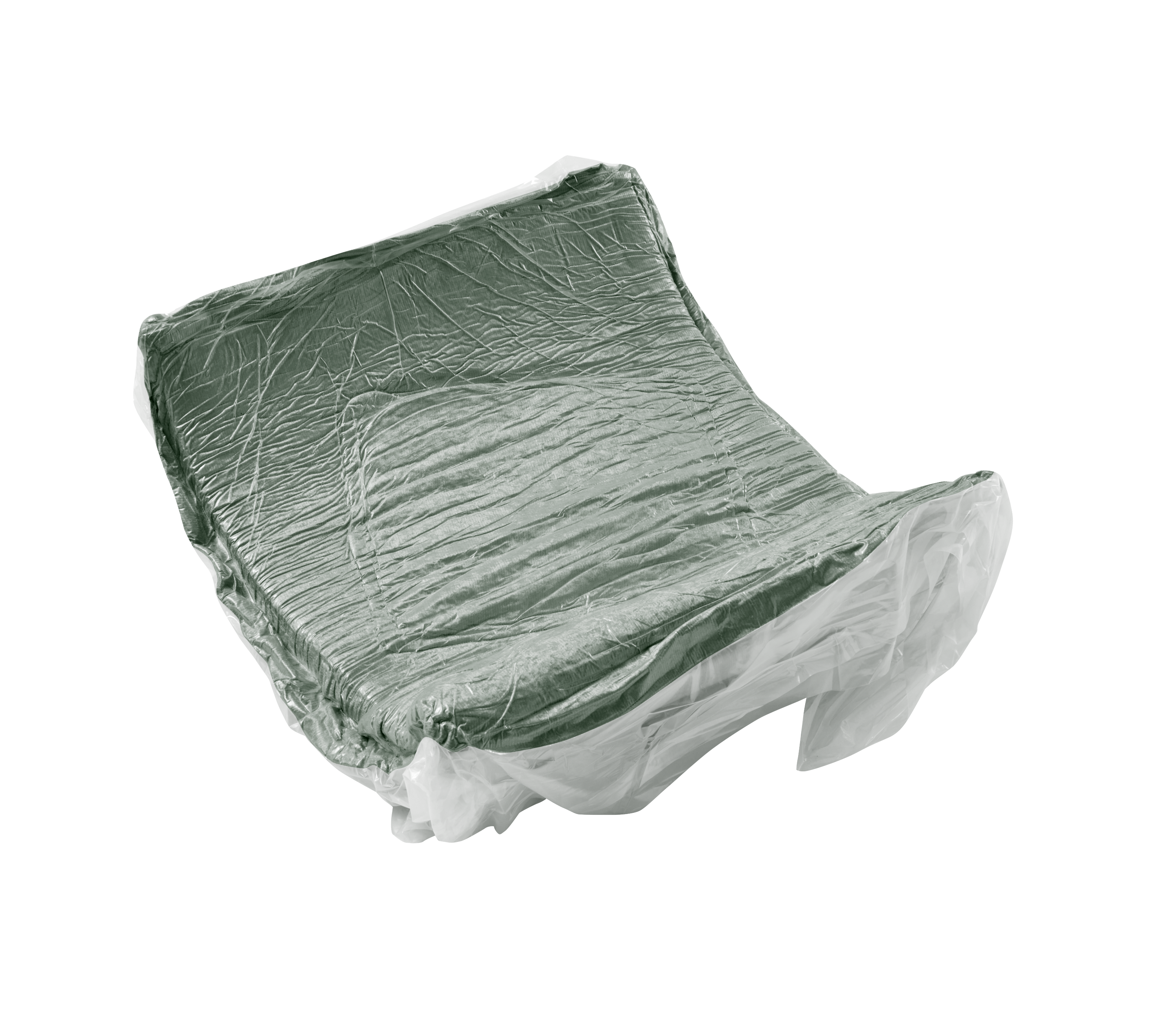Vacuum-sealed cushion of the Modular Green Sofa 4 Seat Velvet couch wrapped in protective plastic for safe delivery and easy setup.