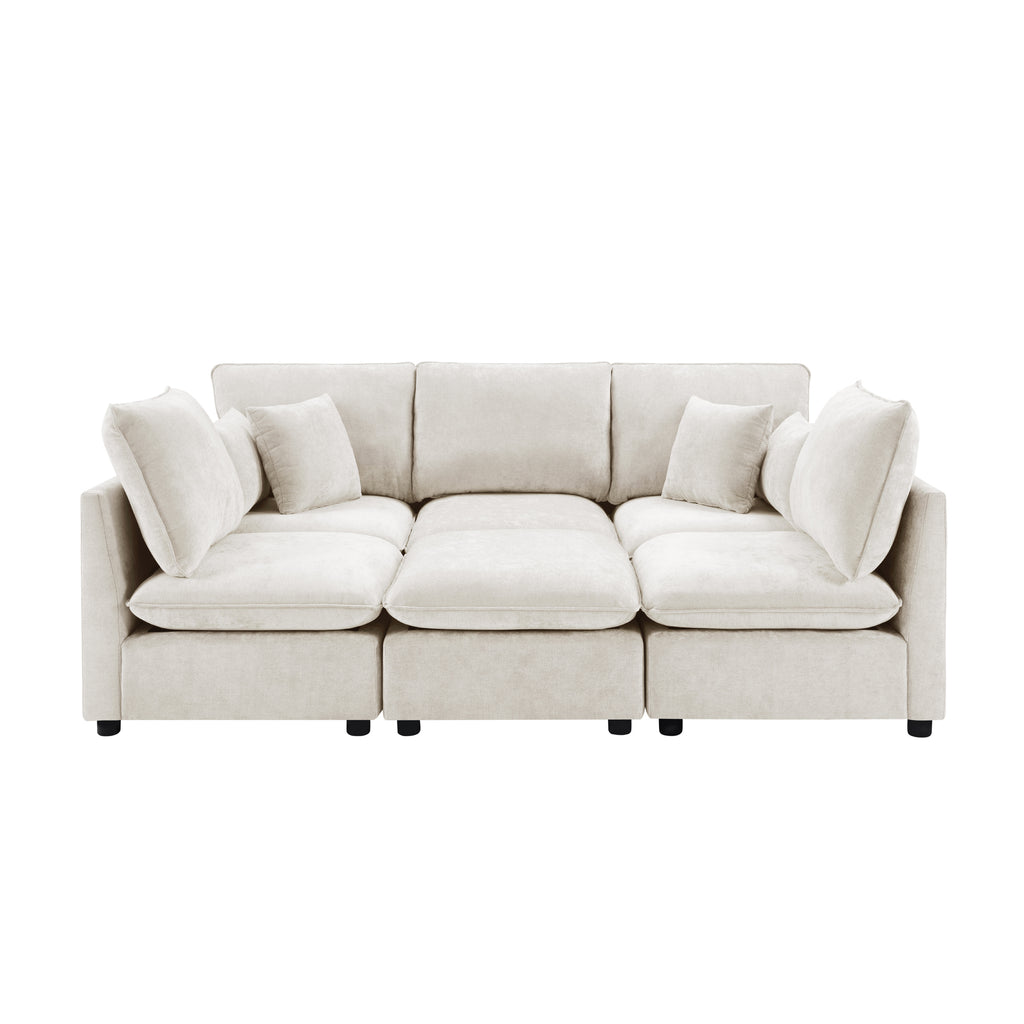 Modern beige chenille modular sectional sofa with plush cushions and throw pillows on a white background.