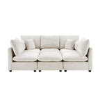 Modern beige chenille modular sectional sofa with plush cushions and throw pillows on a white background.