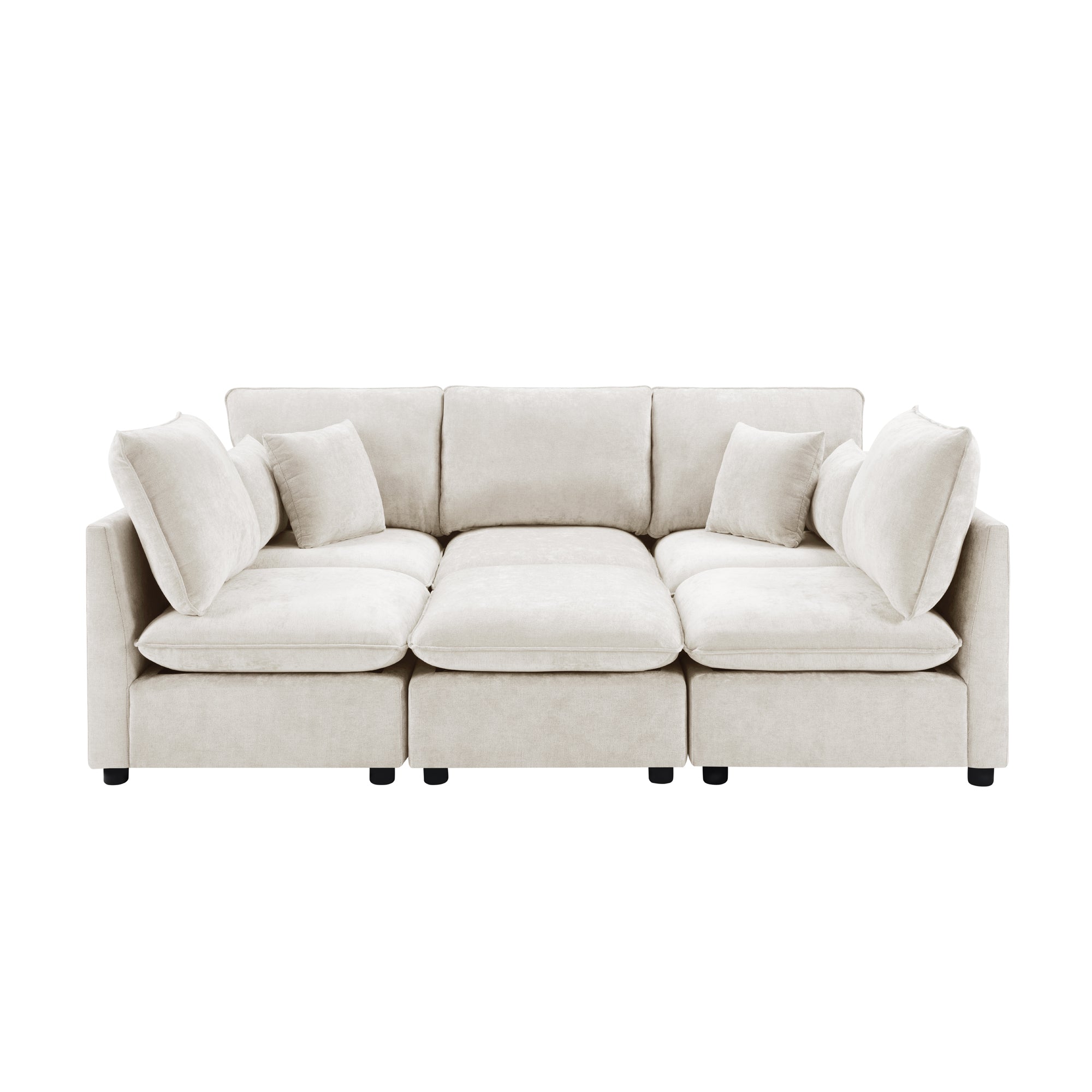 Modern beige chenille modular sectional sofa with plush cushions and throw pillows on a white background.
