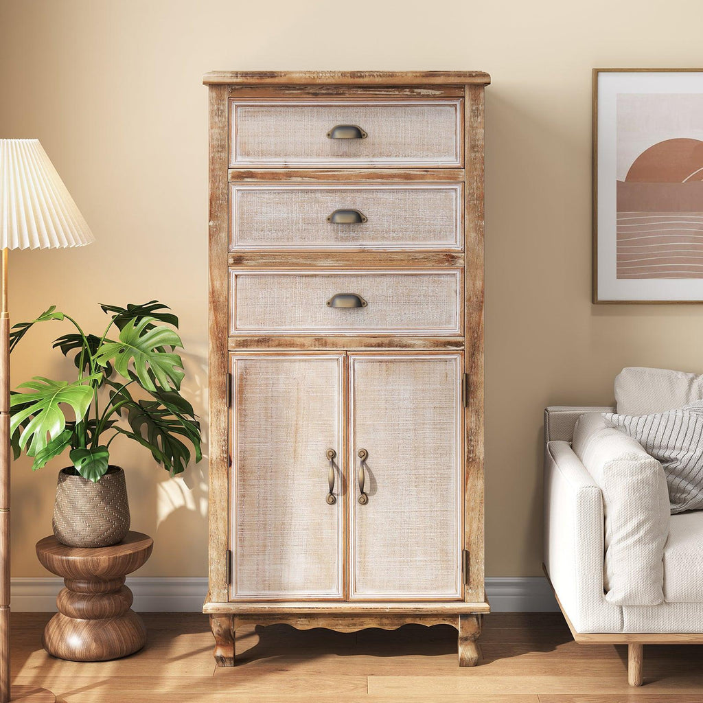 Rustic Wooden Storage Cabinet with Cutout Door & Drawers.