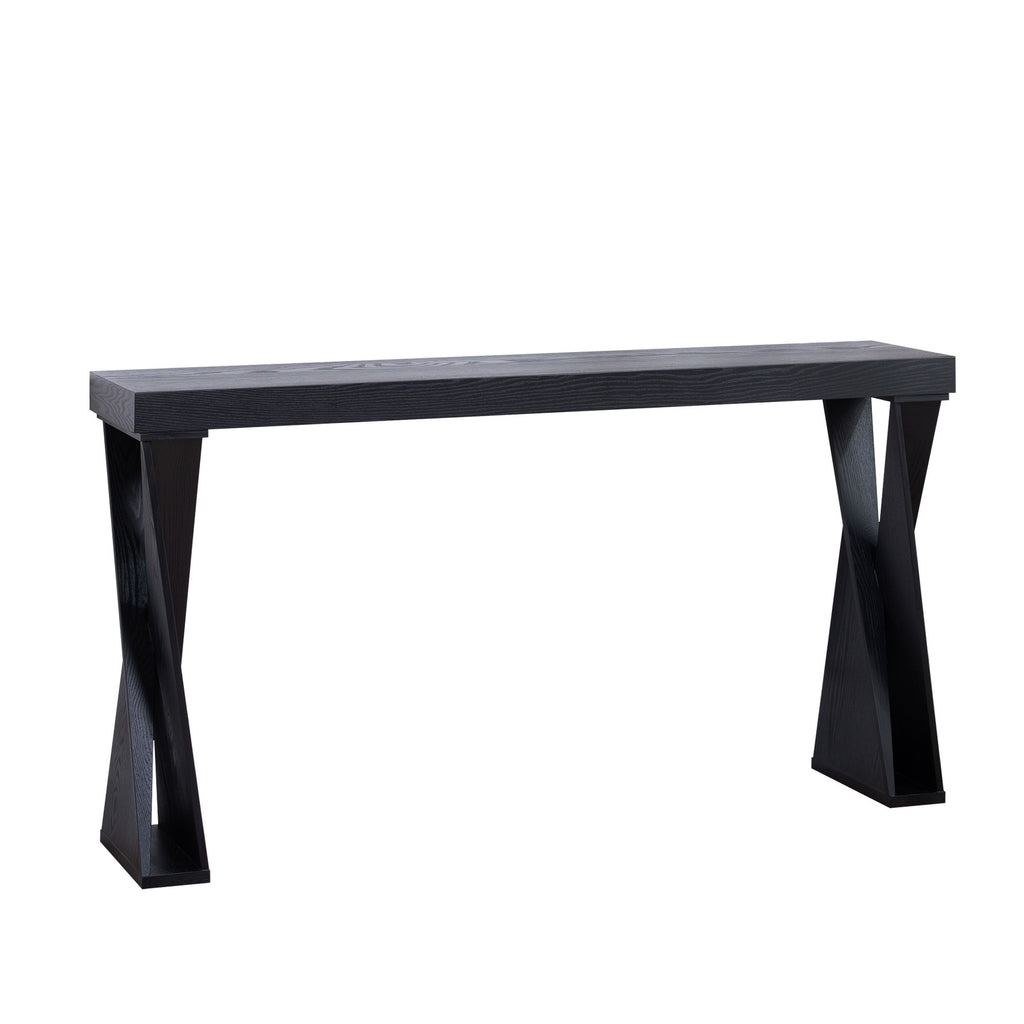 Angled side view of modern black console table showcasing its sleek silhouette and contemporary crossed leg design.