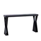 Angled side view of modern black console table showcasing its sleek silhouette and contemporary crossed leg design.