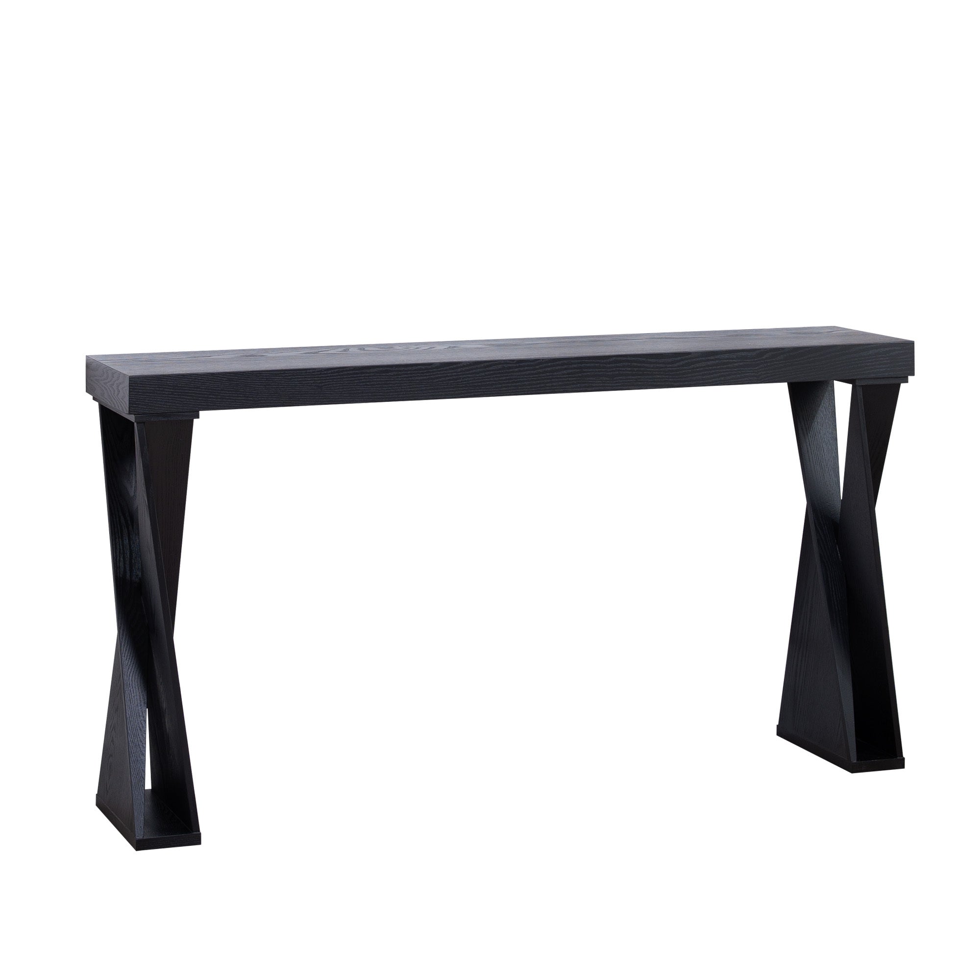 Angled side view of modern black console table showcasing its sleek silhouette and contemporary crossed leg design.
