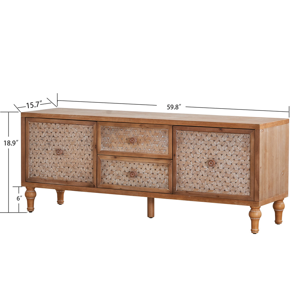 Dimension diagram of the Rattan TV Stand Mid Century with Storage, measuring 59.8 inches wide and 18.9 inches tall.