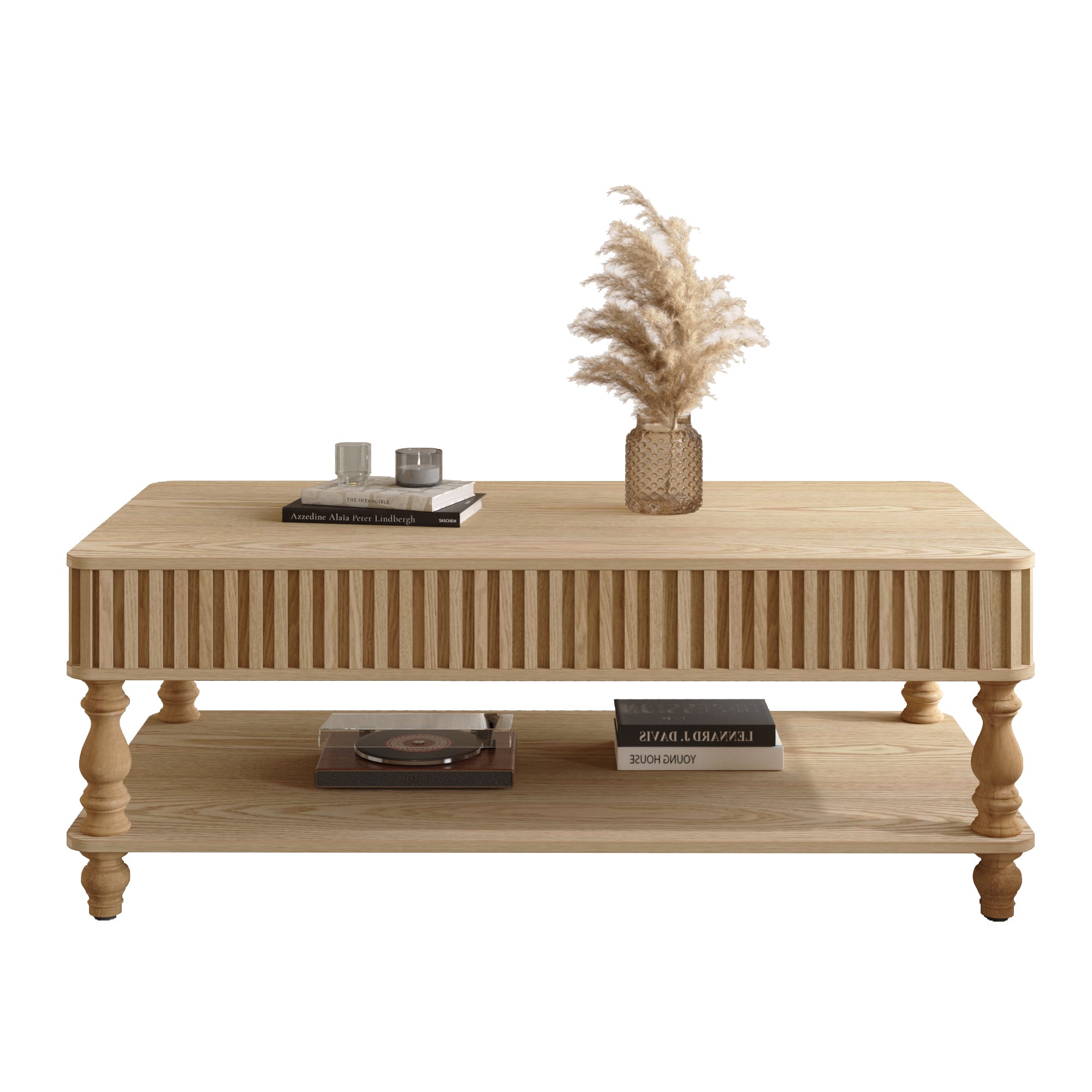 Front-facing view of lift top coffee table with fluted design and Roman column legs, offering stylish storage for living spaces.