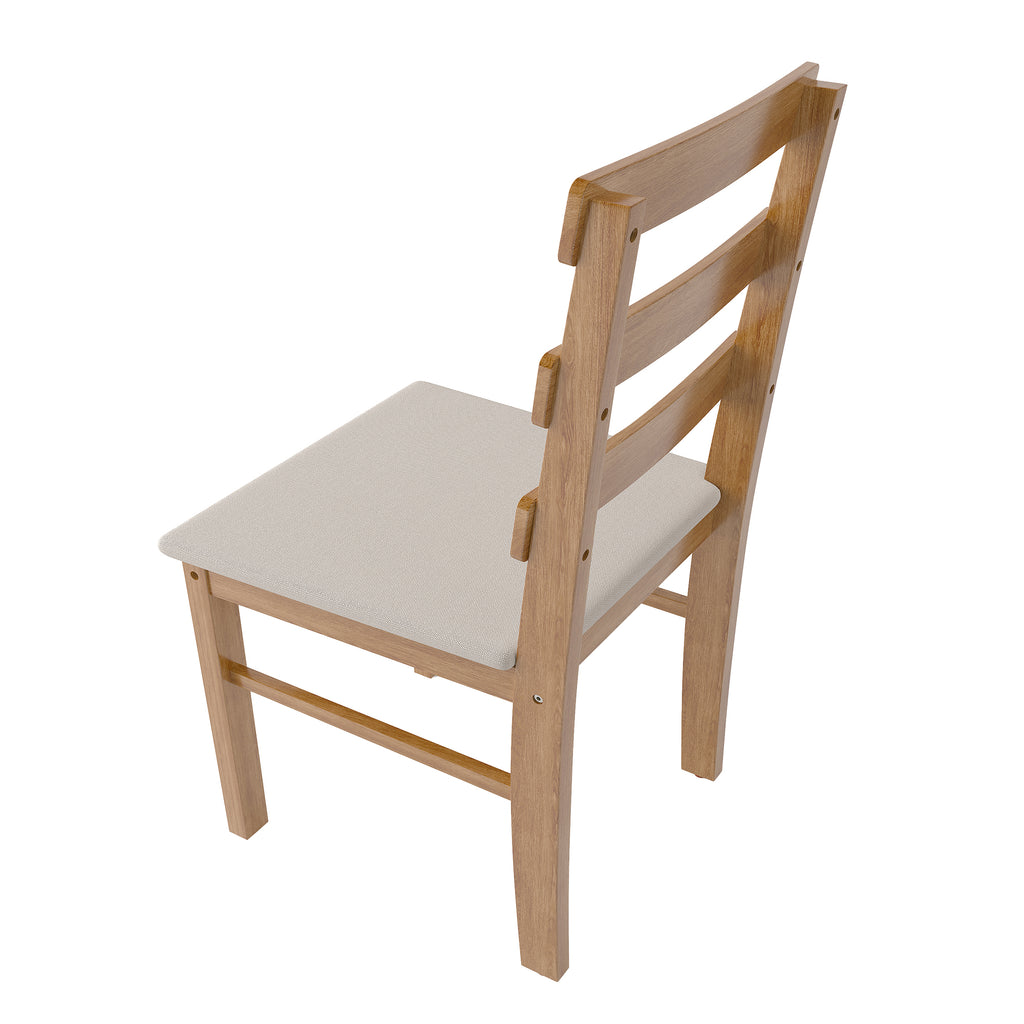 Rear angled view of a solid wood dining chair with beige cushion, from the Solid Wood Dining Table Set - 4 Chairs.