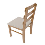 Rear angled view of a solid wood dining chair with beige cushion, from the Solid Wood Dining Table Set - 4 Chairs.