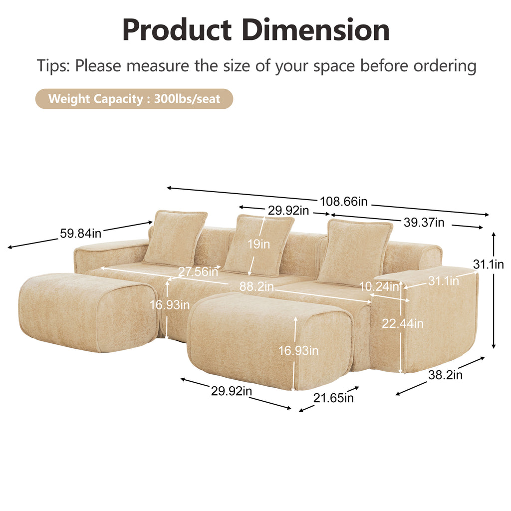 Product dimensions of Modular Velvet Sectional Sofa with 3 seats and ottomans. Includes detailed measurements and 300 lbs/seat capacity.